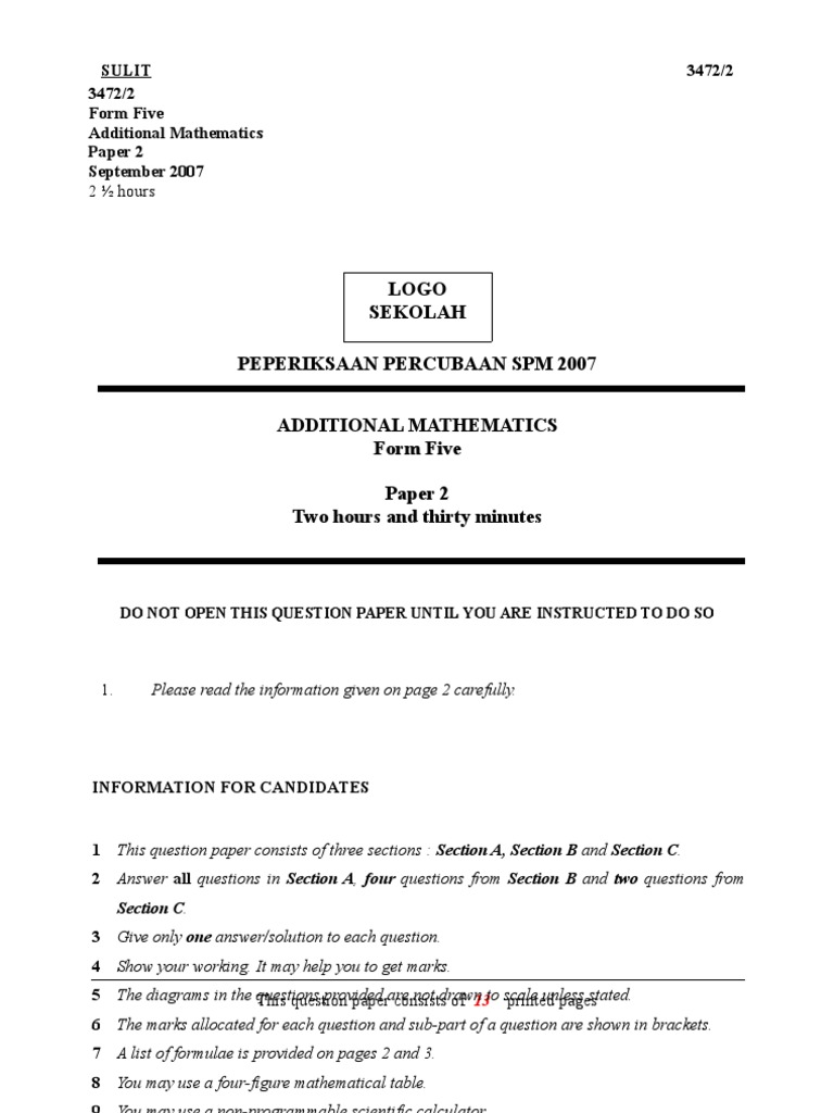 Additional Mathematics Paper 2 SPM 2007 | PDF | Standard Score | Triangle