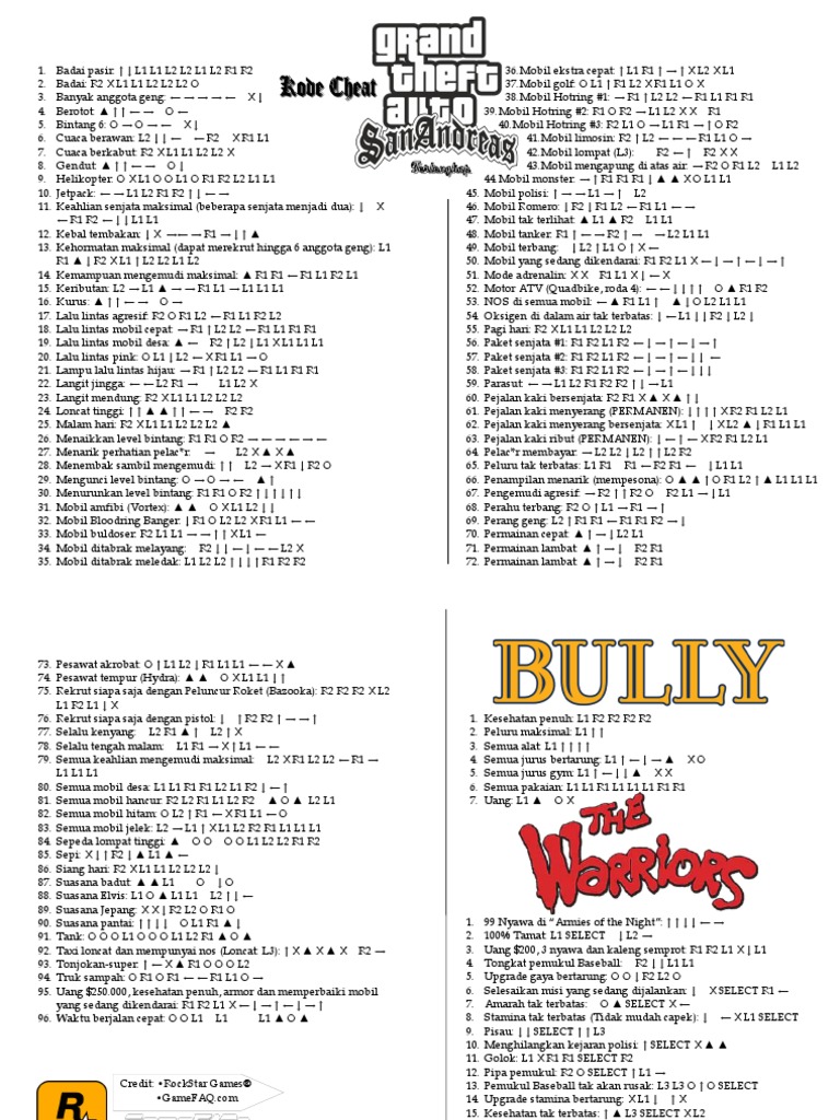 Kode Cheat RockStar Games PS2 GTA SAN ANDREAS BULLY THE WARRIORS 1