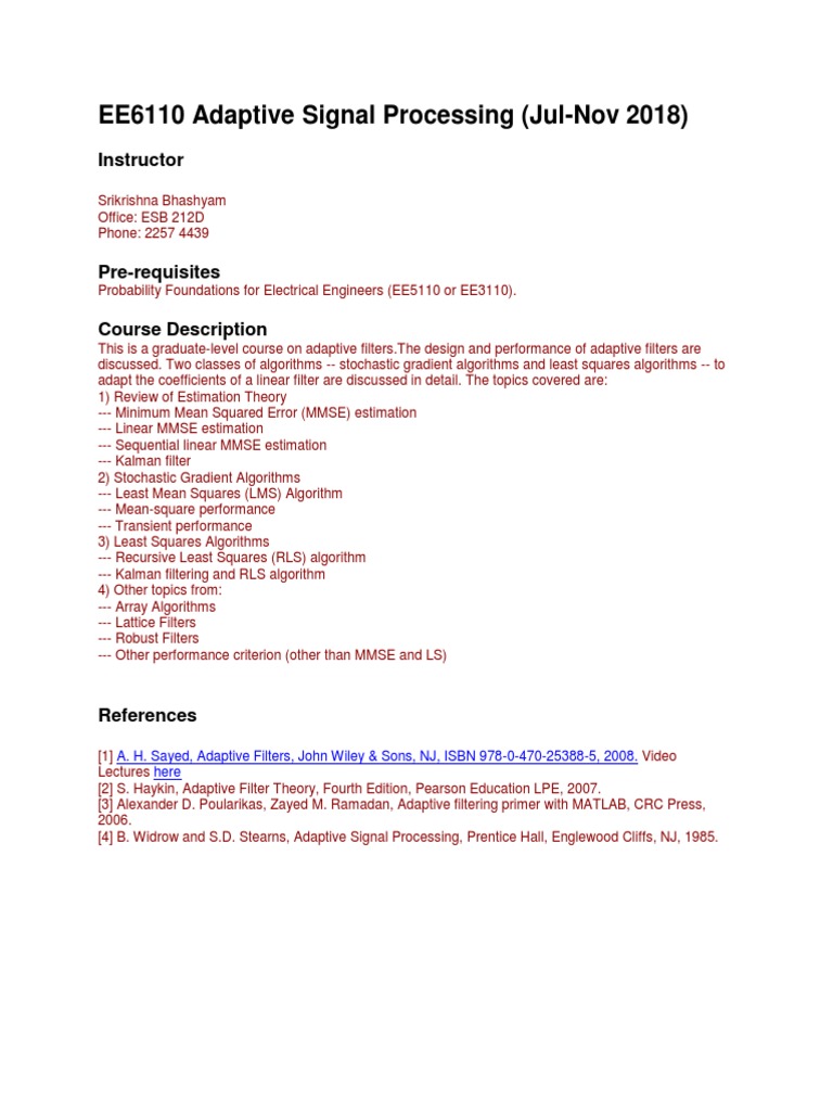 EE6110 Adaptive Signal Processing PDF