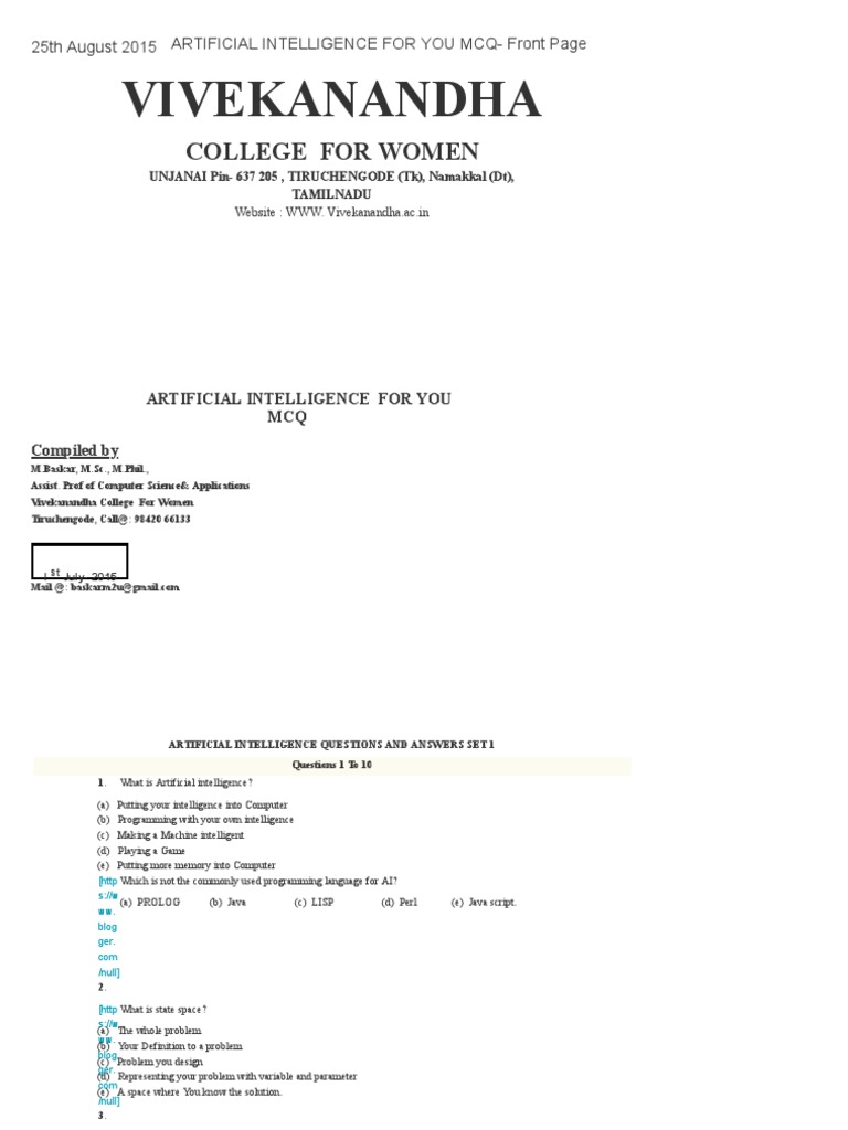 Artificial Intelligence For You Mcq Front Page Baskar M Artificial Intelligence Intelligence Ai Semantics