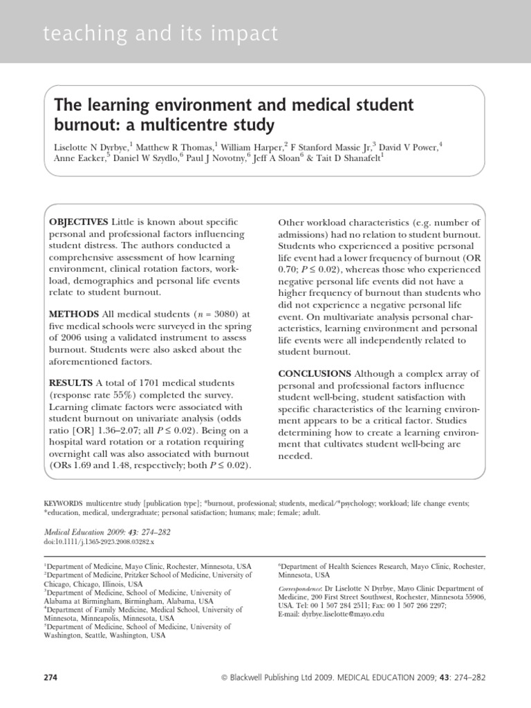 The Learning Environment and Medical Student Burnout, A Multicentre ...