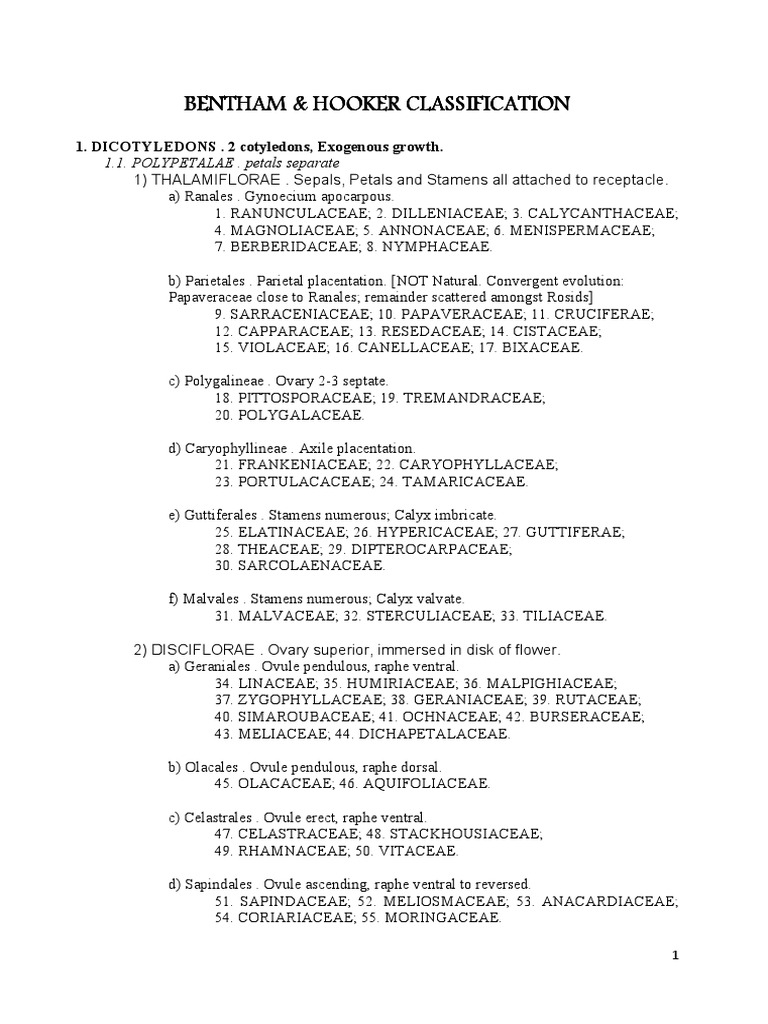 Bentham & Hooker Classification PDF Petal Plants