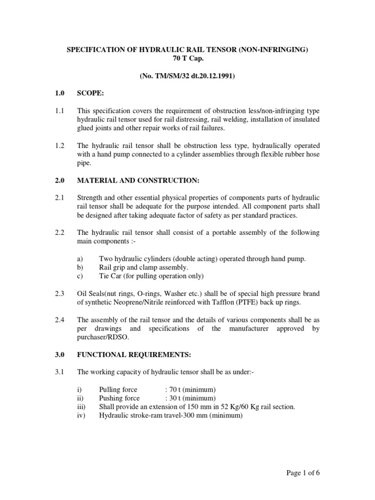 Specification For Hydraulic Rail Tensor | PDF | Rail Transport ...