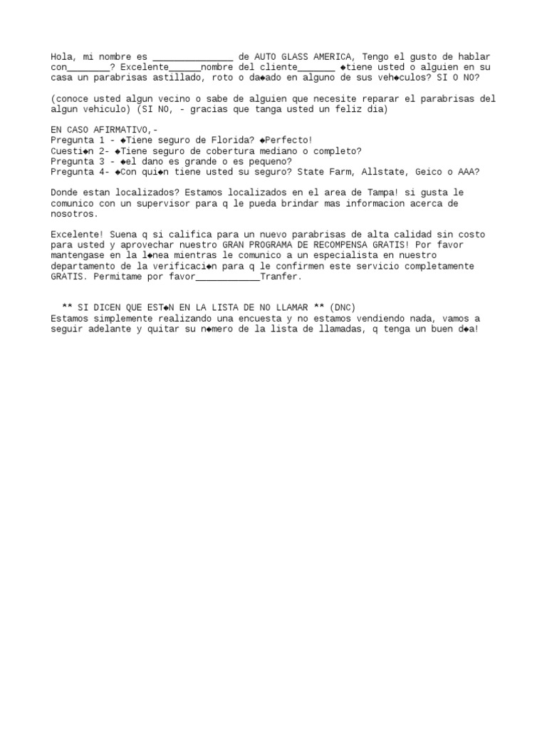 Auto Glass Spanish Script PDF