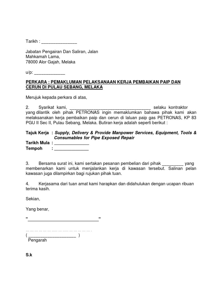 Contoh Surat Pemberitahuan Menggantikan Penyelia Baharu