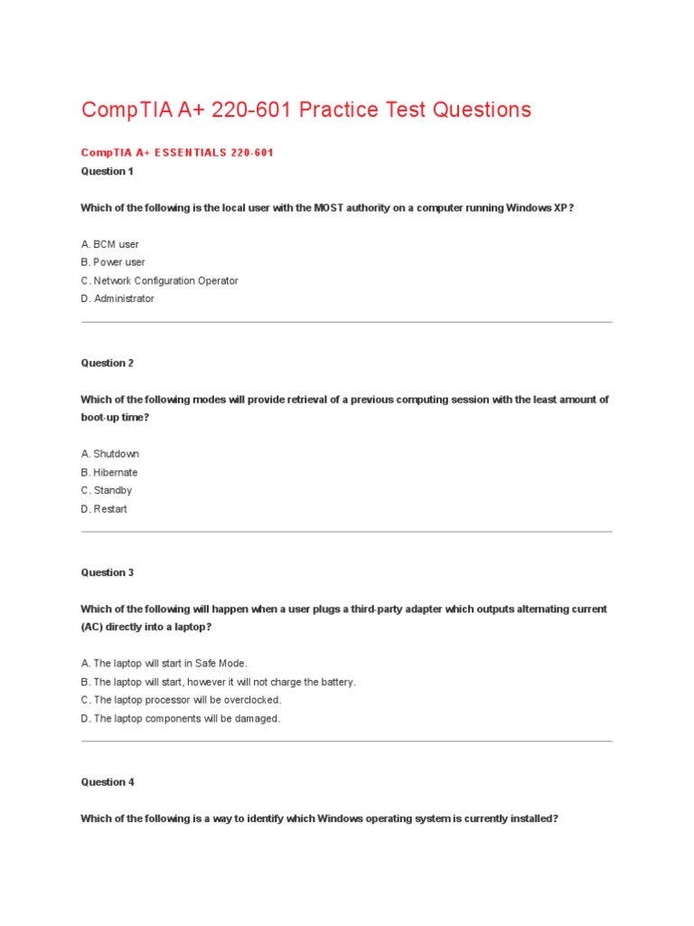 CompTIA A+ 220-601 and 220-602 Practice Test Questions and Answers: A ...