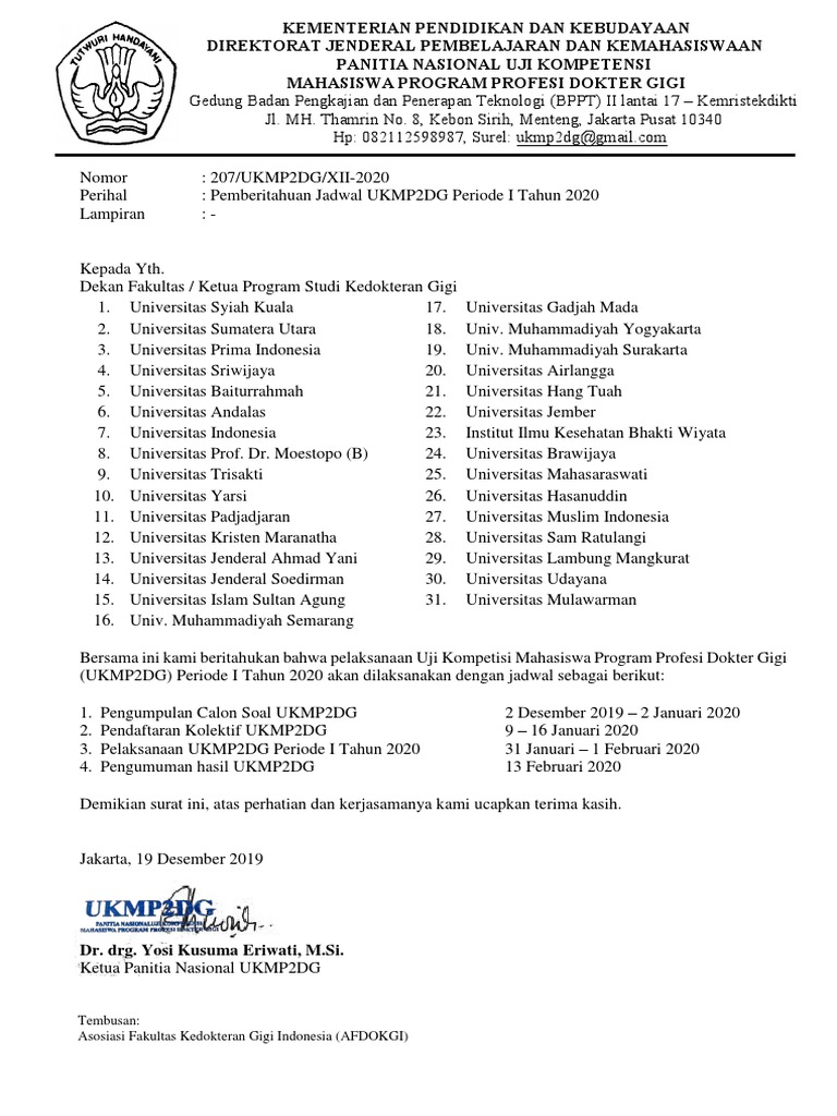Surat Pemberitahuan Jadwal Ukmp2dg Periode I Tahun 2020