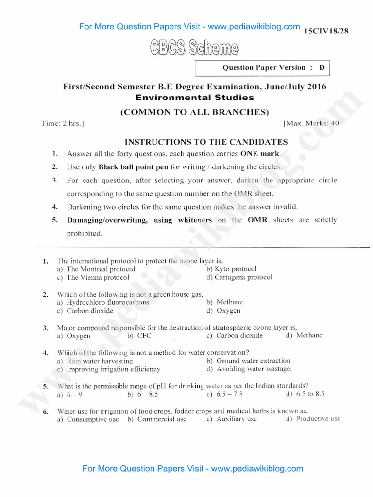 VTU Environmental Studies Exam Paper PDF PDF Carbon Ozone