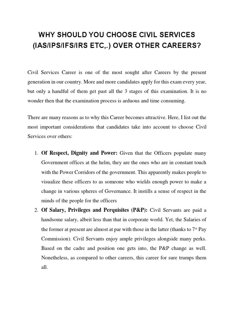Why Should You Choose Civil Services (Ias/ips/ifs/irs Etc,.) Over Other  Careers? | PDF