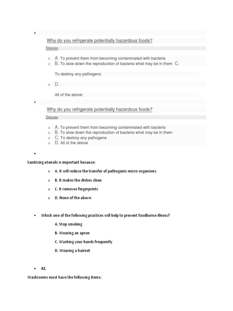 food handler quiz Hygiene Foods