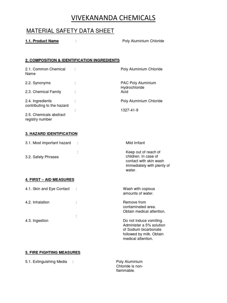 MSDS of Poly Aluminum Chloride PDF Toxicity Aluminium