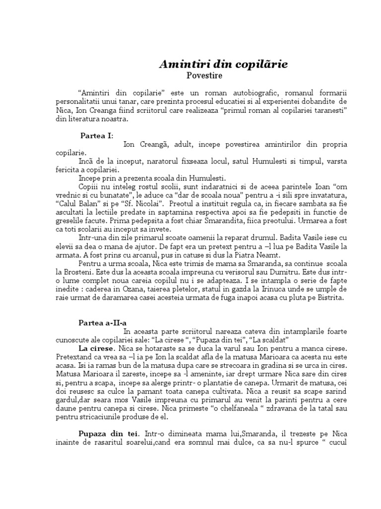 Ion Creanga Amintiri Din Copilarie Rezumat Pe Scurt WWW - Educativ.ro Ion Creanga Amintiri Din Copilarie (Povestire 2) | PDF