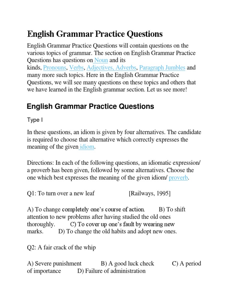 English Grammar Practice Questions | PDF | English Grammar | Idiom