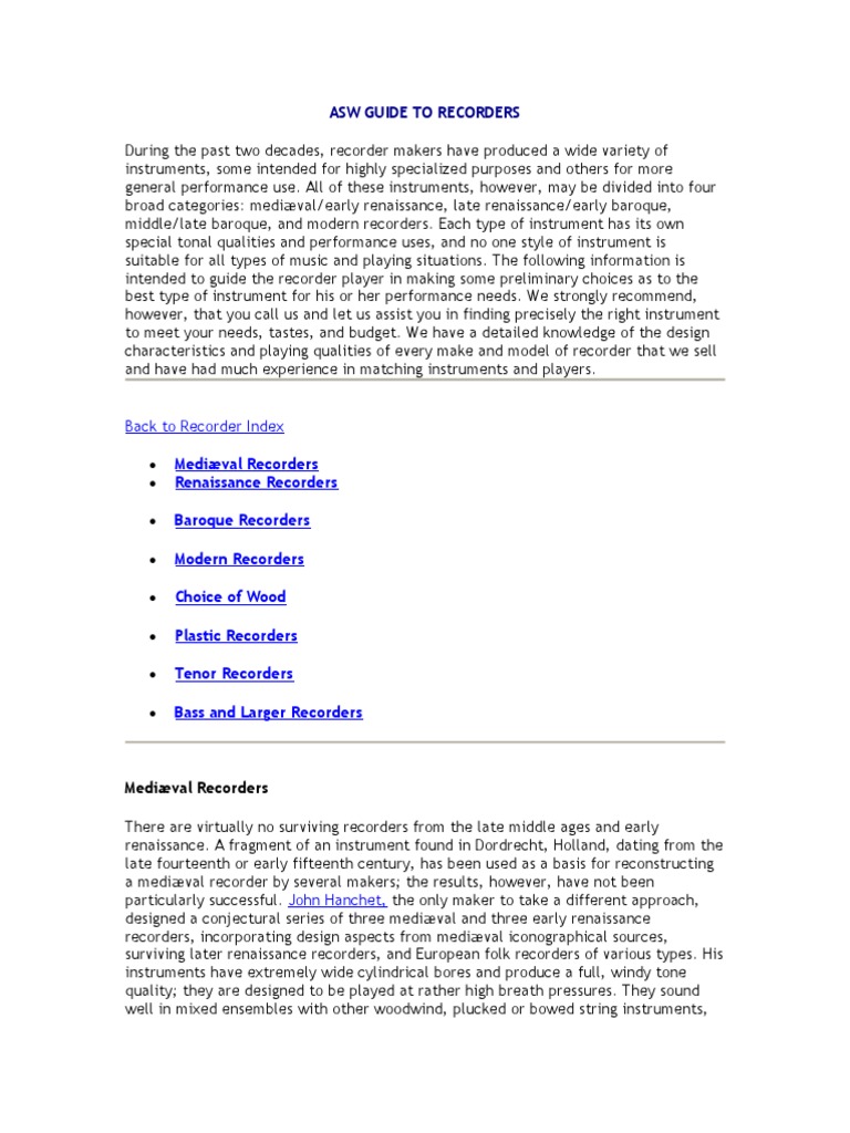 Asw Guide To Recorders PDF Recorder (Musical Instrument) Musical Instruments