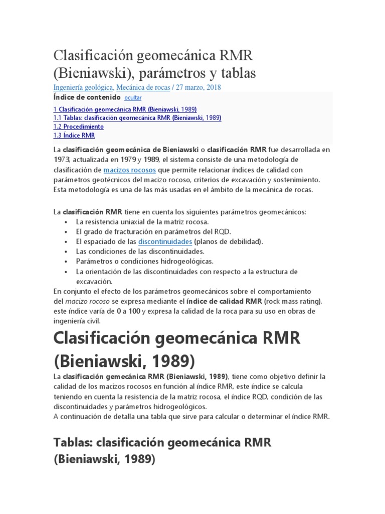 Clasificación Geomecánica RMR 1989 | PDF | Ingeniero civil | Ingeniería ...
