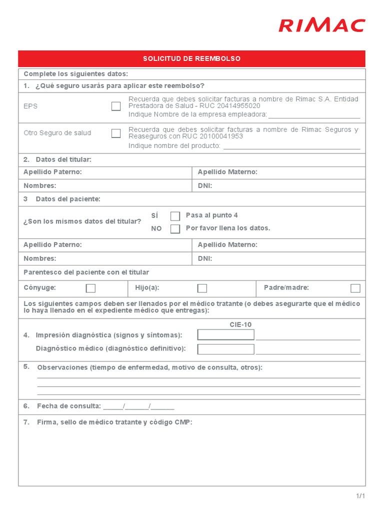 Solicitud de Reembolso Rimac EPS | PDF