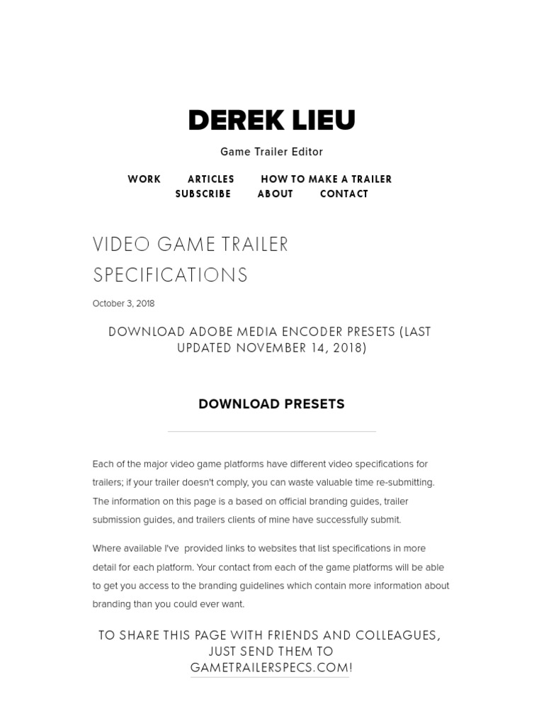 Video Game Trailer Specifications Derek Lieu Game Trailer Editor