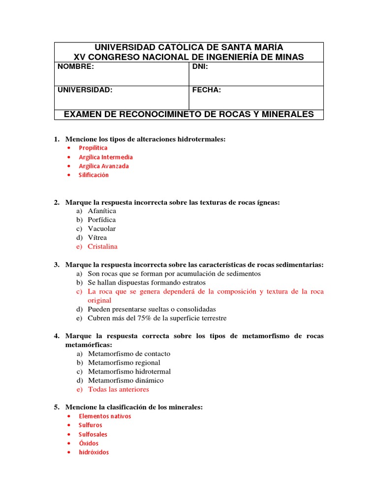 Resolucion EXAMEN DE ROCAS Y MINERALES | PDF | Minerales | Roca ígnea