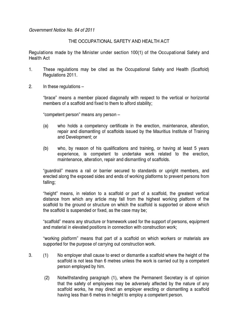OSH (Scaffold) Regulations 2011 PDF Scaffolding Occupational
