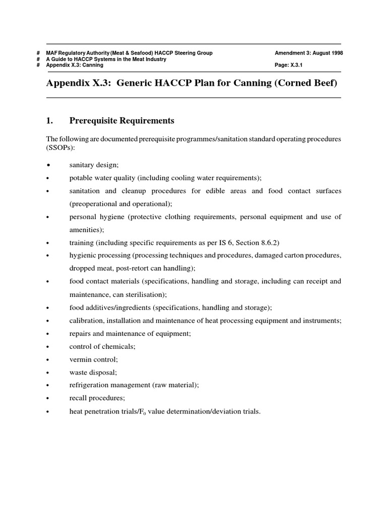 Ex. Haccp Plan For Canning Corned Beef PDF PDF Hazard Analysis And Critical Control Points