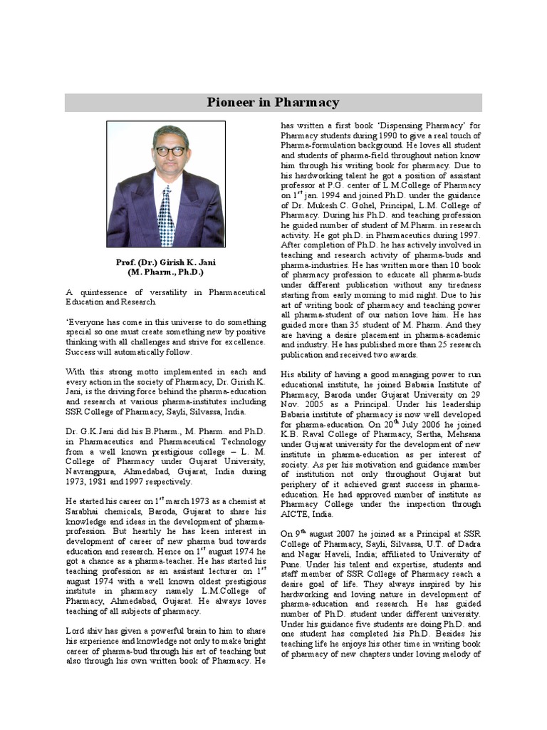 Dr. G.K. Jani: Pioneer in Pharma Education | PDF | Pharmacy | Gujarat