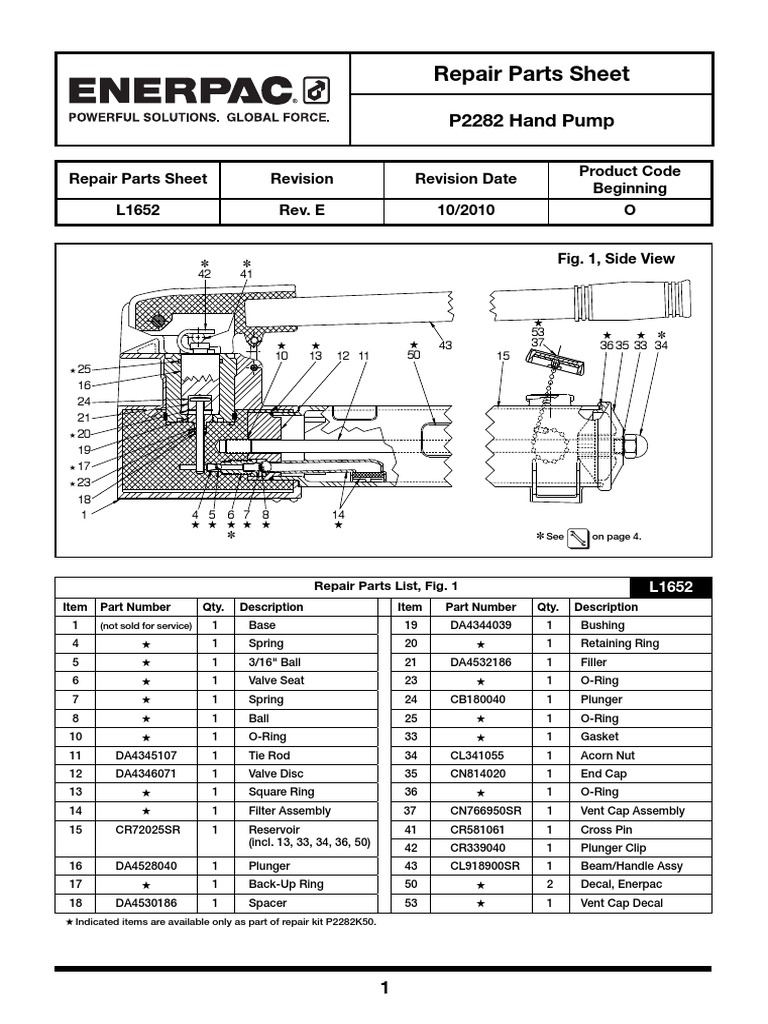 Enerpac P 2282 Repair Parts Breakdown Motor Vehicle Vehicles