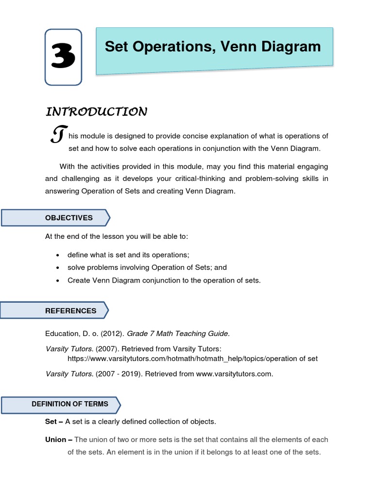 Set Operations, Venn Diagram Module | PDF | Set (Mathematics ...