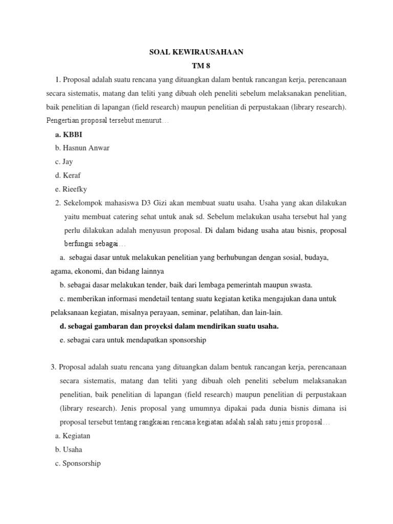 Soal Uas Kewirausahaan 2019