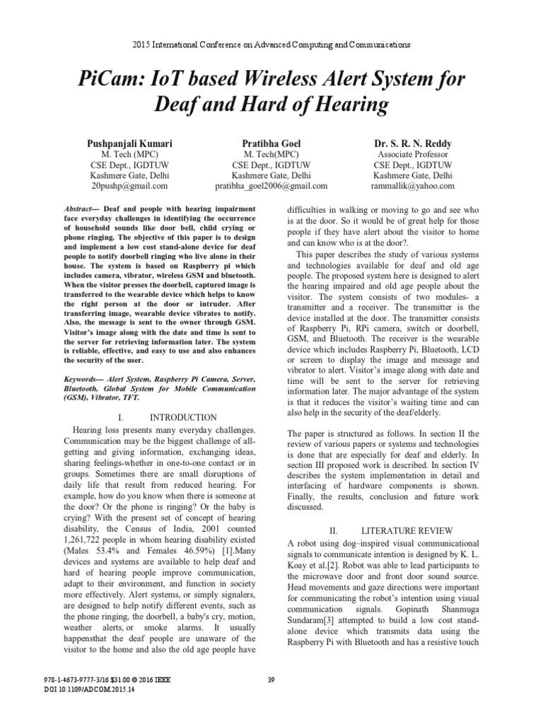 PiCam IoT Based WirelessAlert System For Deaf and Hard of Hearing | PDF ...