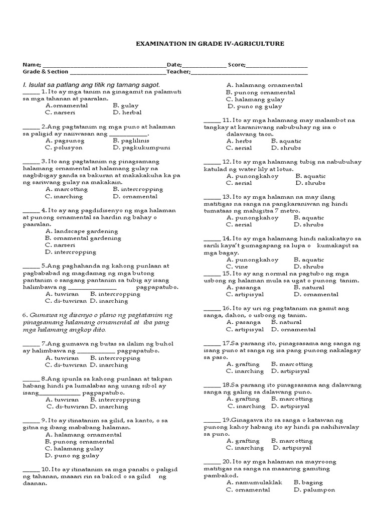 Epp 4. Periodical Test in Agriculture | PDF