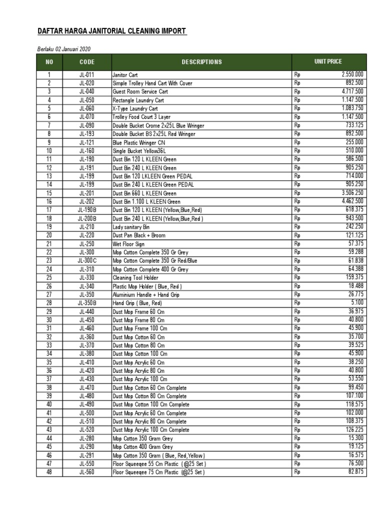 Price List Cleaning Janitorial Import Kleen Pro PDF Cleaning Tools