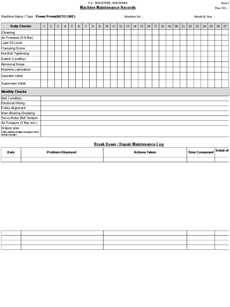 Daily Machine Maintenance Checklist | PDF | Machines | Belt (Mechanical)