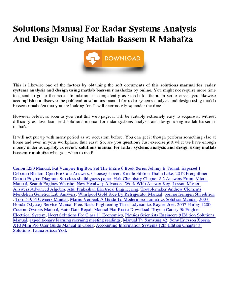 Solutions Manual For Radar Systems Analysis and Design Using Matlab Bassem R Mahafza PDF