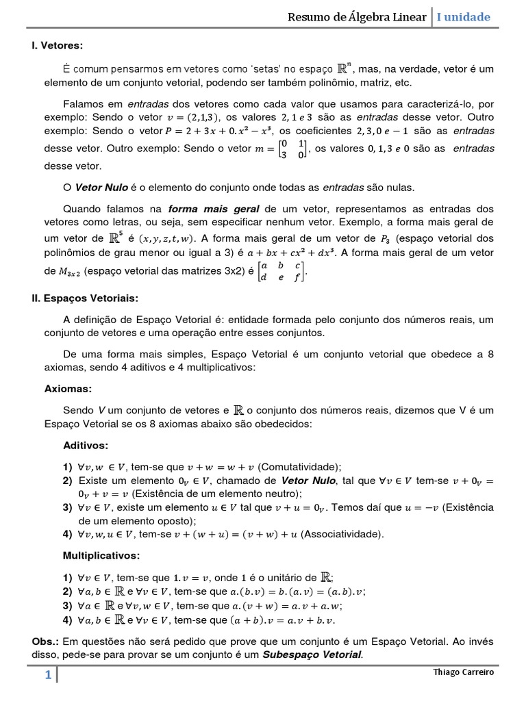 Algebra Linear Resumo Espacos Vetoriais Espaco Vetorial Mapa Linear
