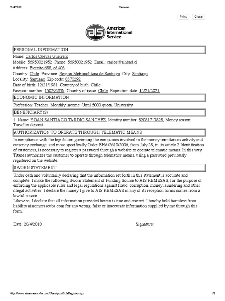 Remittance Authorization for Chile | PDF