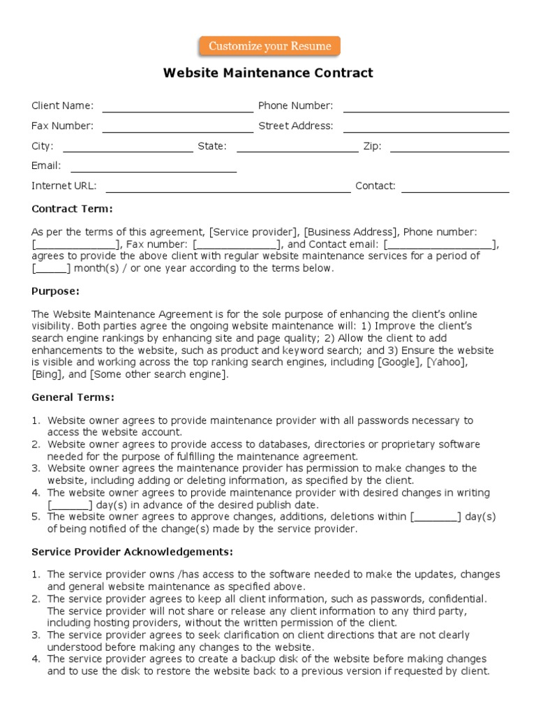Service Maintenance Agreement Template