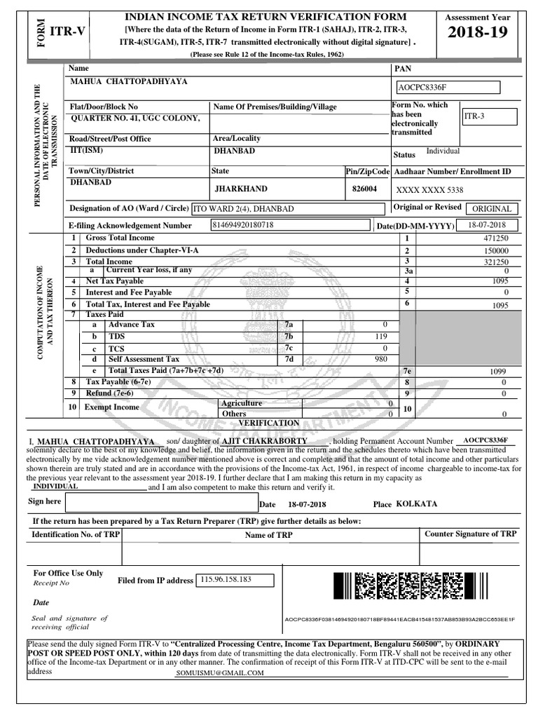 Itr-V Indian Income Tax Return Verificat | PDF | Income Tax In India ...