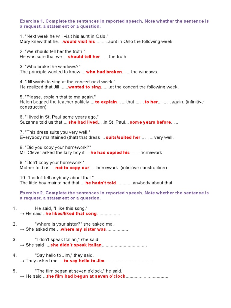 Reported Speech Exercises and Answers | PDF | Question