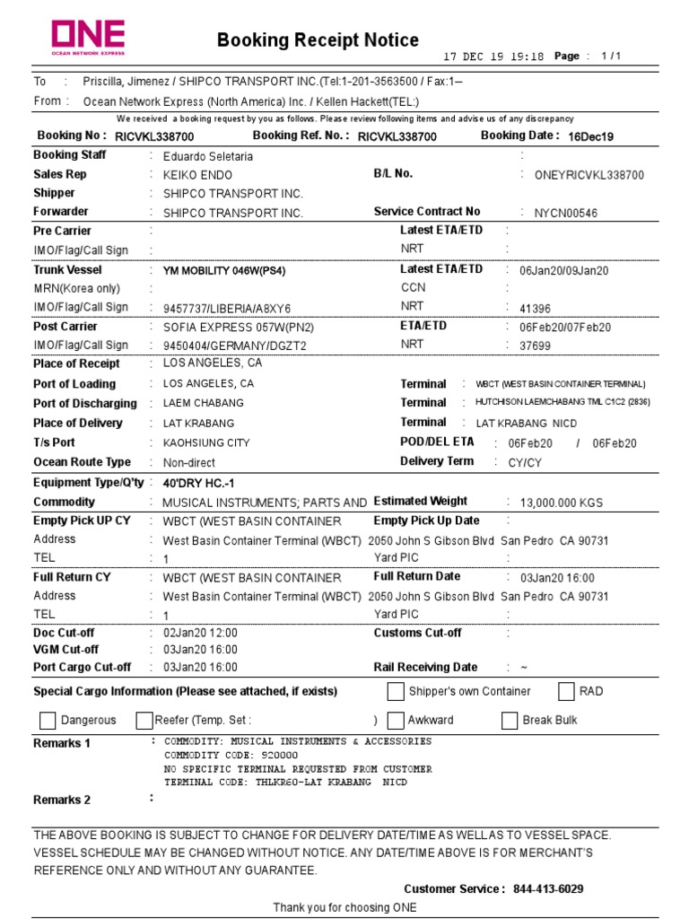 Booking Receipt Notice for Shipment of Musical Instruments from Los ...