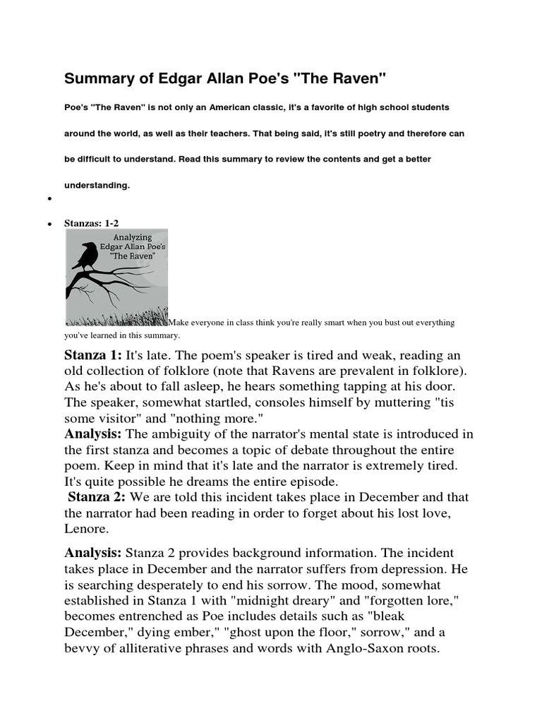 The Raven Summary Analysis Theme Symbolism PDF The Raven