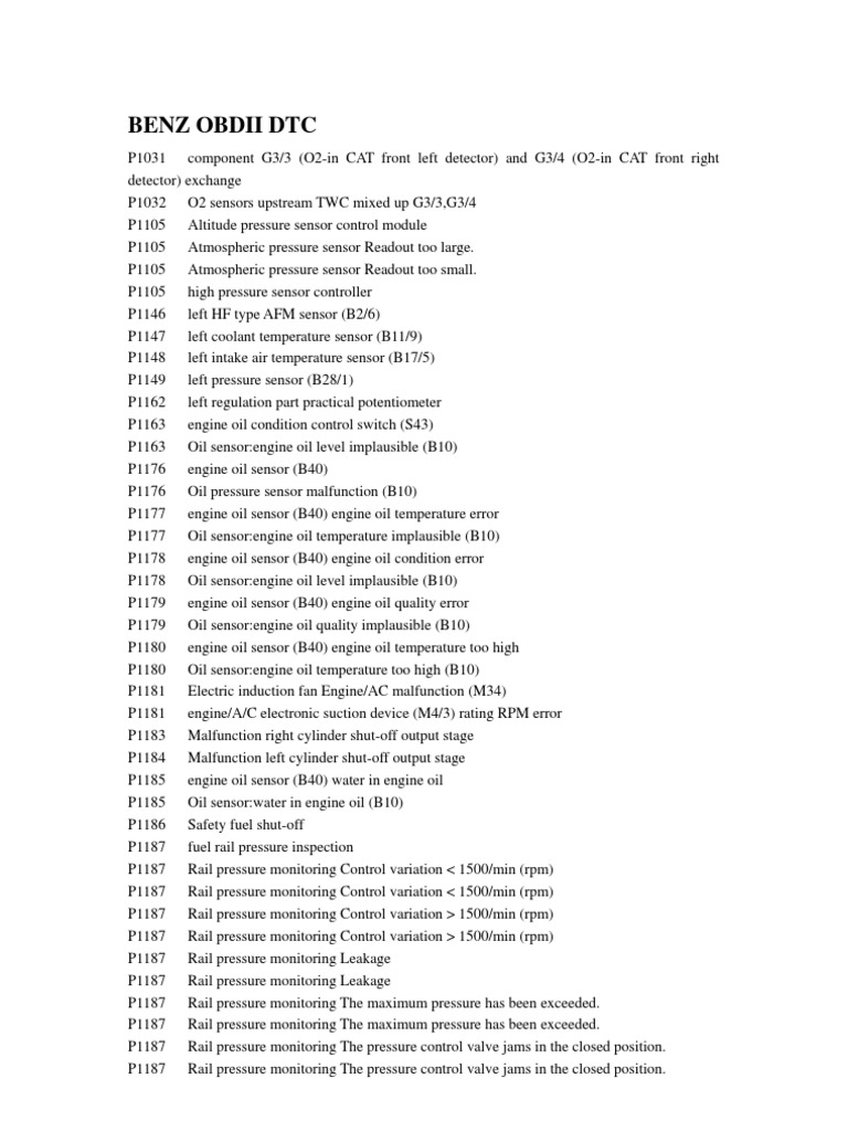 Mercedes Benz Factor OBD codes list Fuel Injection Switch