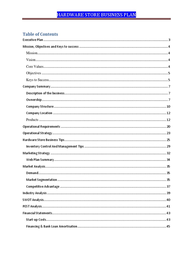 Contents Table Hardware Store Business Plan | PDF | Business Plan | Retail
