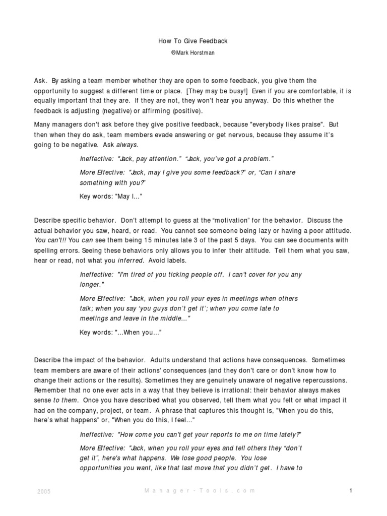 Manager Tools Feedback Model PDF PDF Feedback Behavior