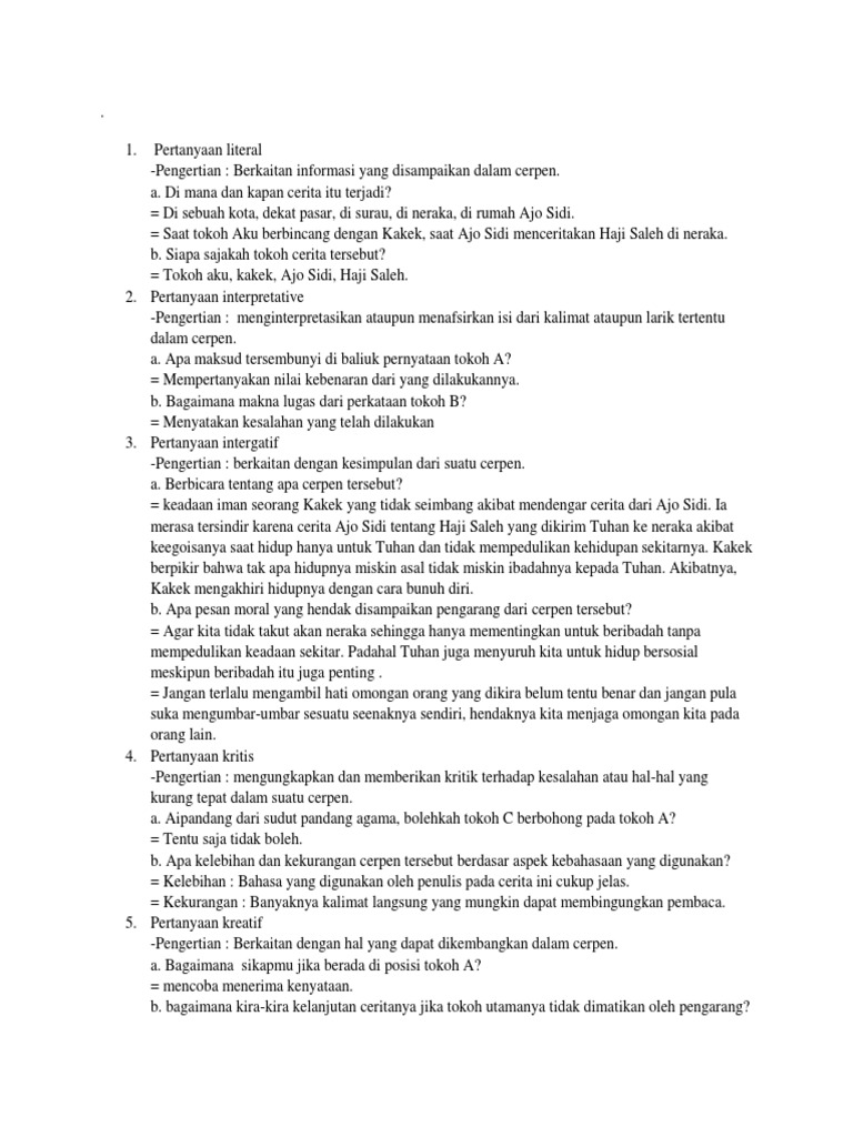 Pertanyaan Literal Interpretatif Intergatif Kritis Kreatif