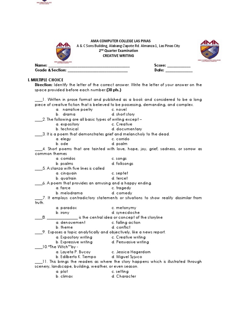 Grade 12 Creative Writing Exam Q2 | PDF | Poetry | Rhyme