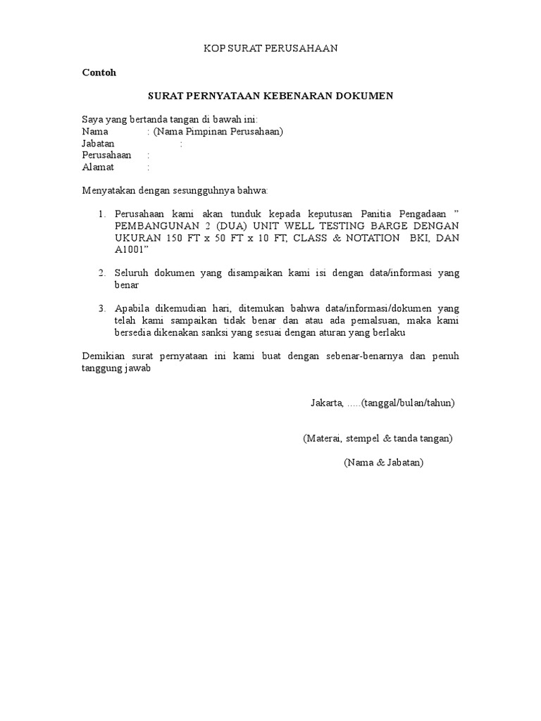 Contoh Surat Pernyataan Kebenaran Zkkkkk 01