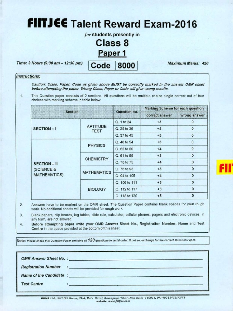 FIITJEE Talent Reward Exam 2016 | PDF | Triangle | Speed Of Light