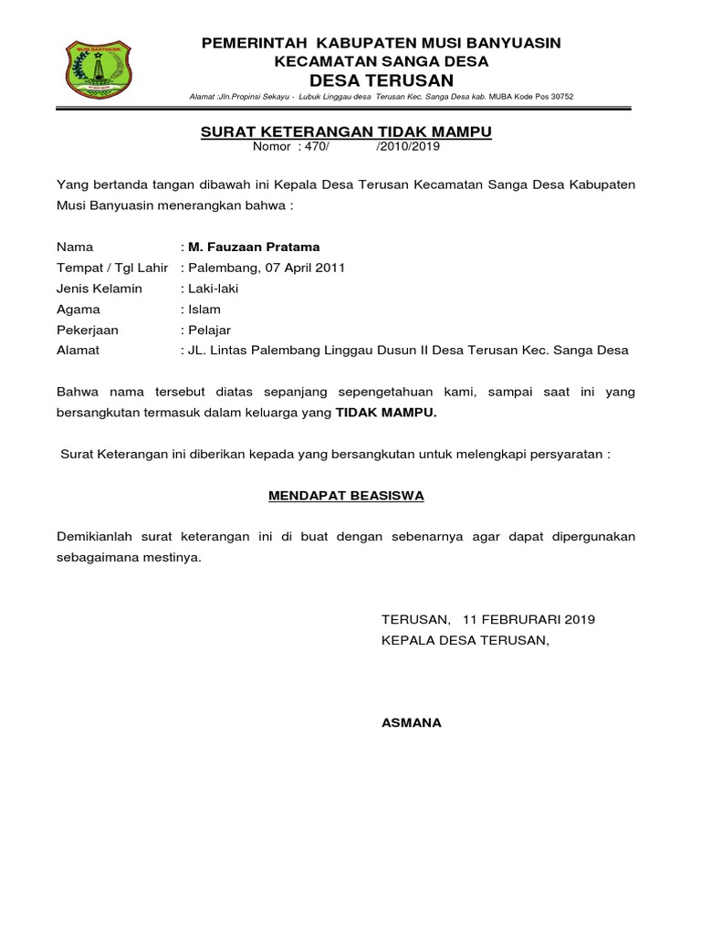 Surat Keterangan Tidak Mampu Desa Terusan