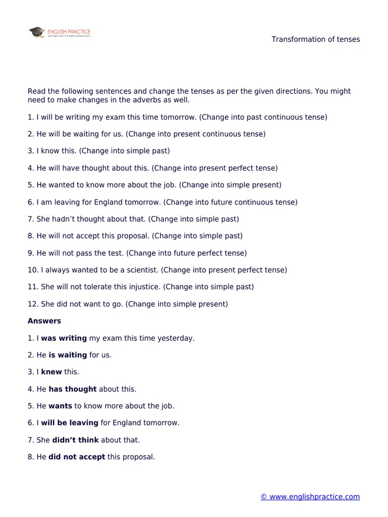 Transformation Of Tenses Pdf