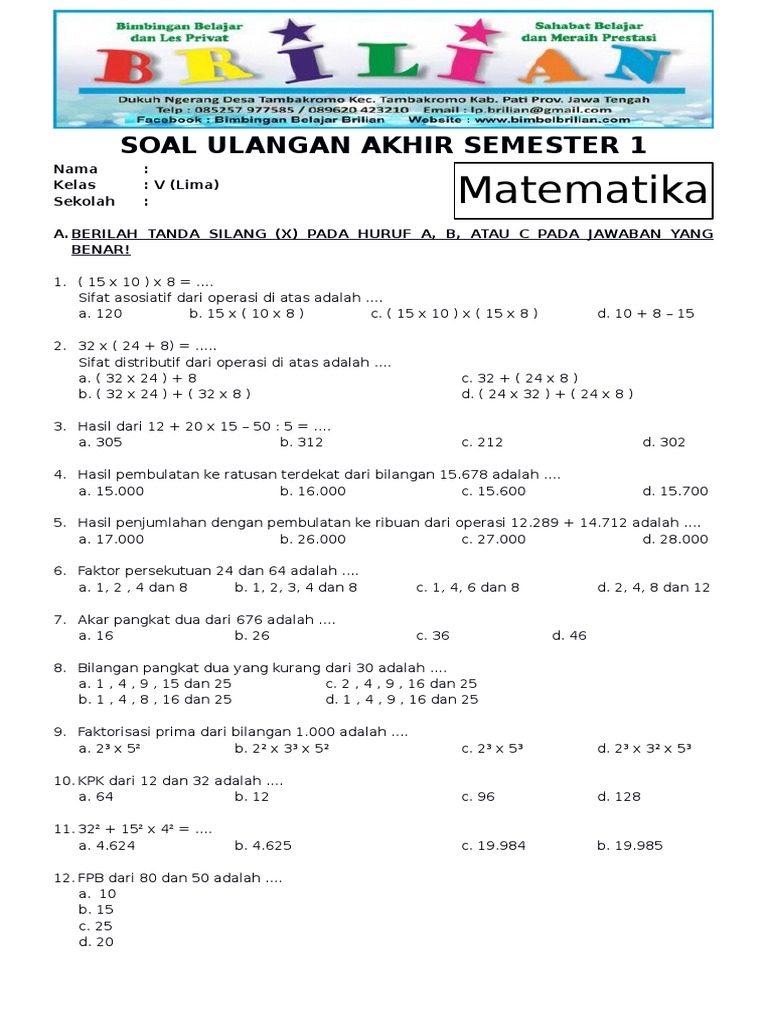 Soal Uas Matematika Kelas 5 Sd Semester 1 Ganjil Dan Kunci Jawaban Pdf Pdf